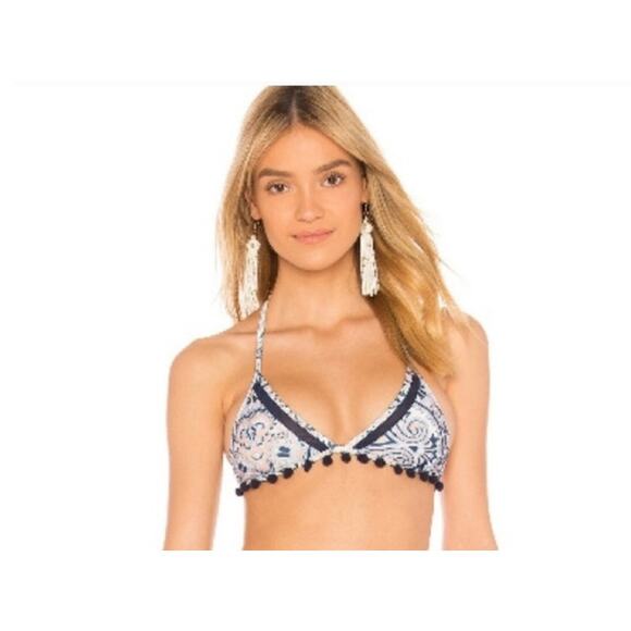Tularosa Nina Bikini Top Blue Pom Pom Size Small NWT Triangle - Picture 1 of 6